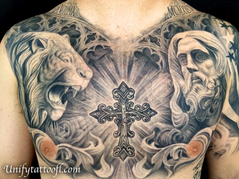 popular designs of religious chest tattoos for men