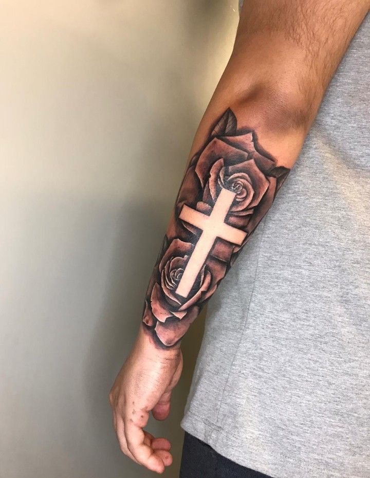 popular forearm Cross and rose tattoos for men