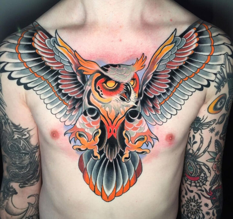 popular owl chest tattoos for men