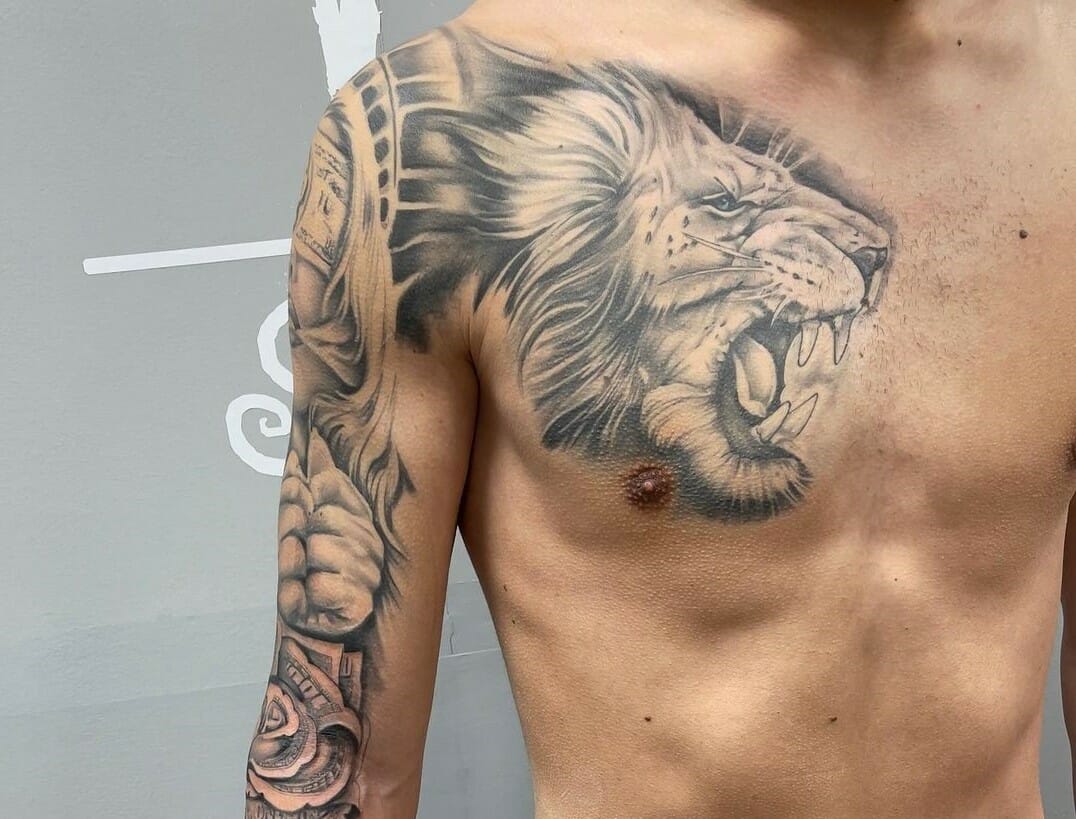 realistic lion chest tattoos for men