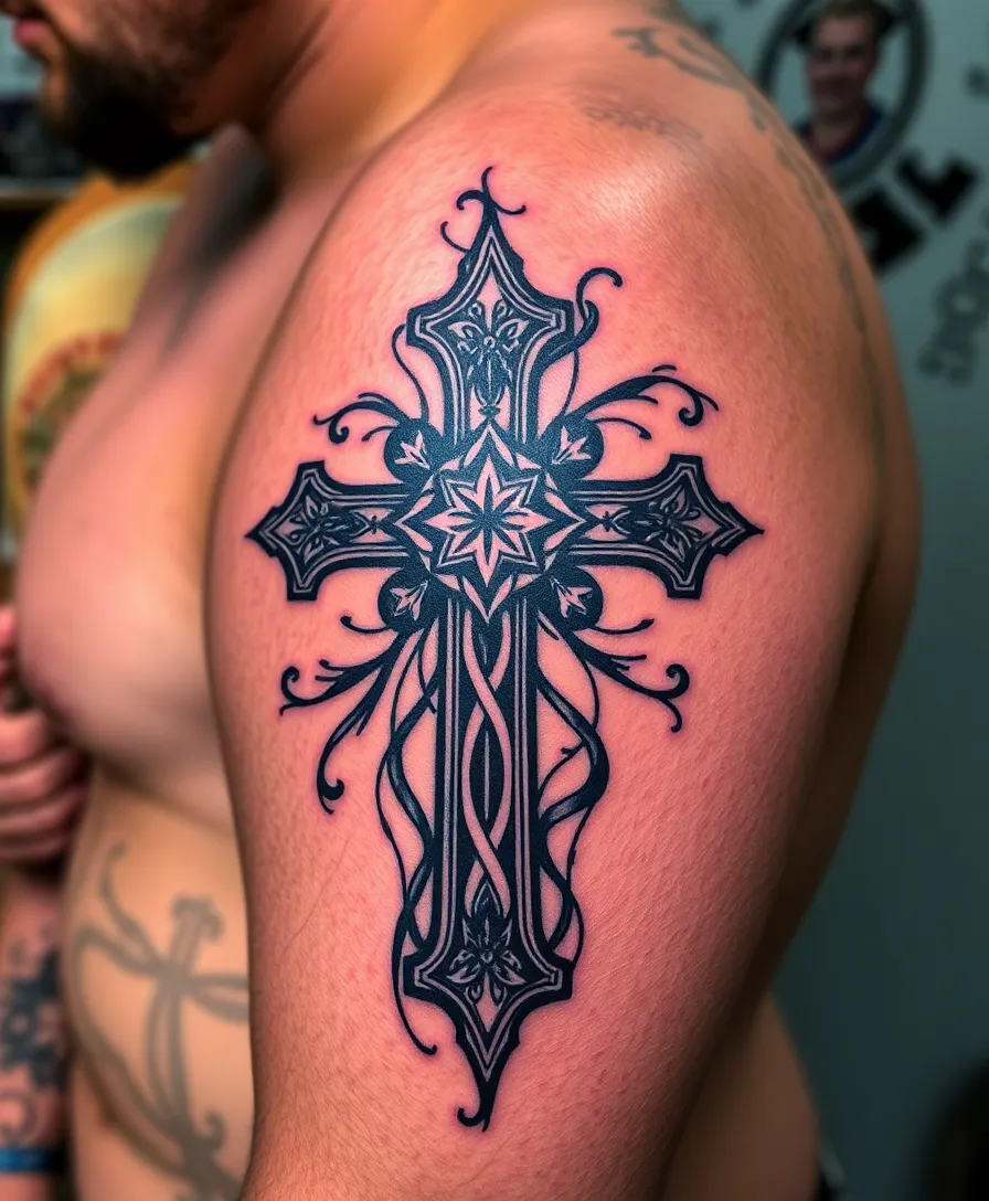 unique Cross tattoos for men shoulder ideas