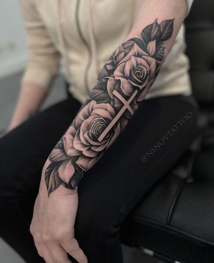 unique forearm Cross and rose tattoos for men