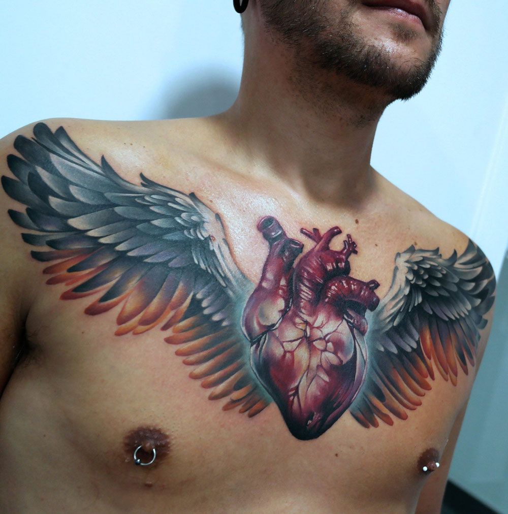 unique heart chest tattoos for men