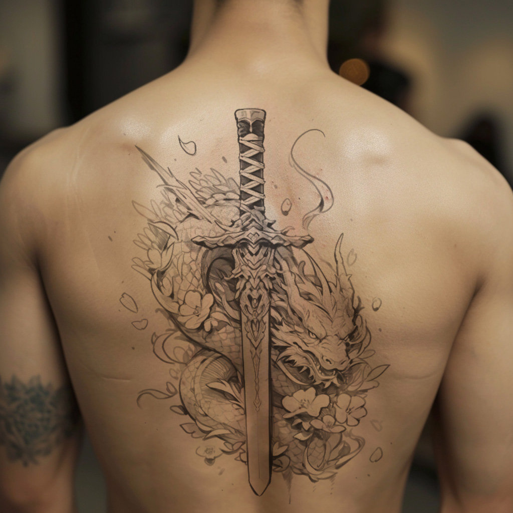 unique men's back tattoos incorporating swords