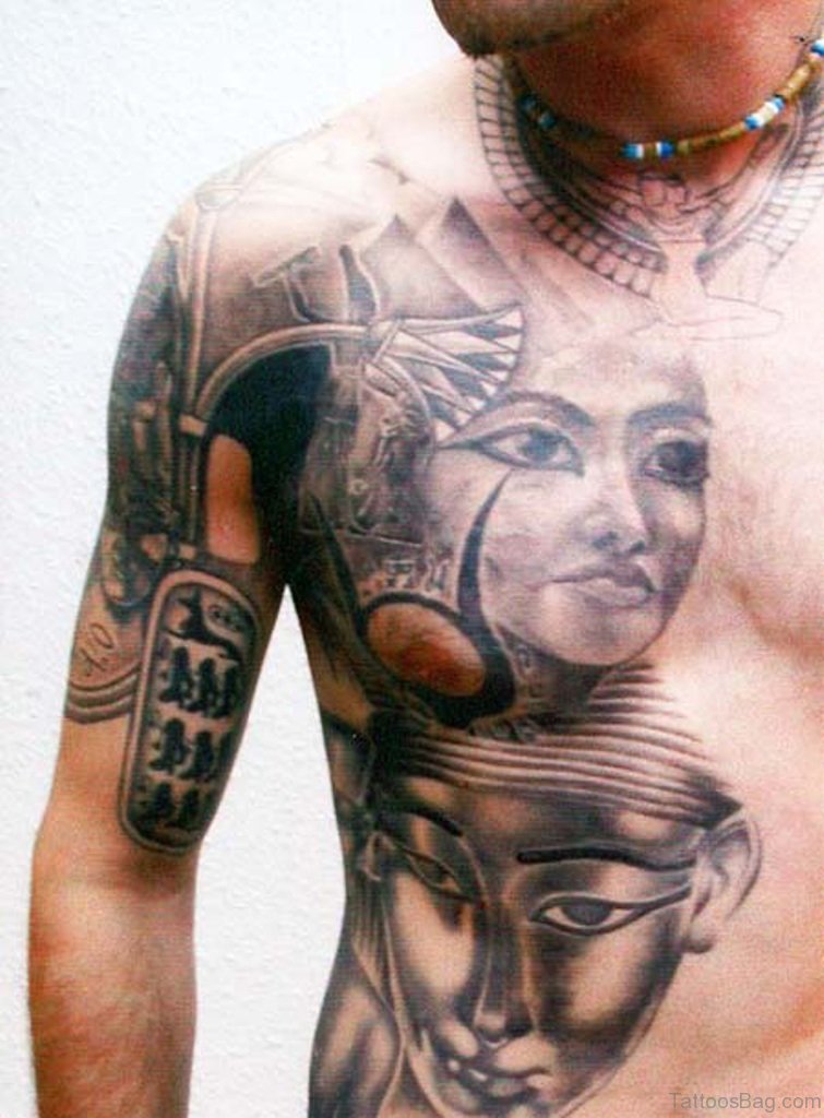 Black Egyptian chest tattoos for men in minimalist style to inspire